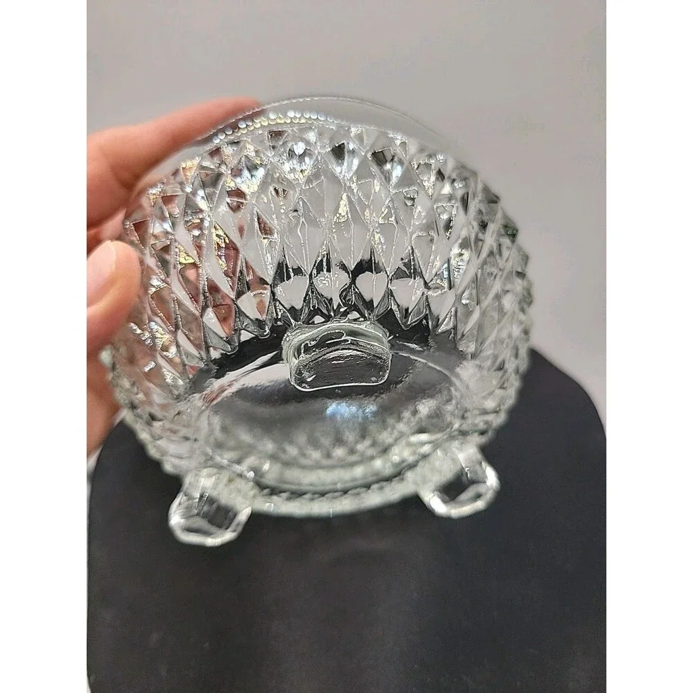 Vintage Indiana Glass Diamond Point Crystal Footed Candy Dis. Scalloped Rim. 5”
